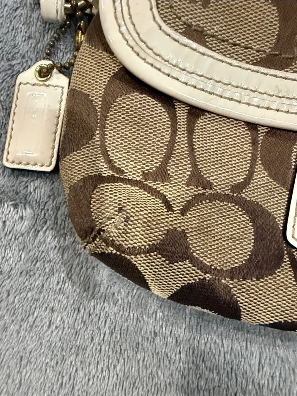 Coach Brown Signature Canvas Wristlet with Cream Trim and Gold Hardware